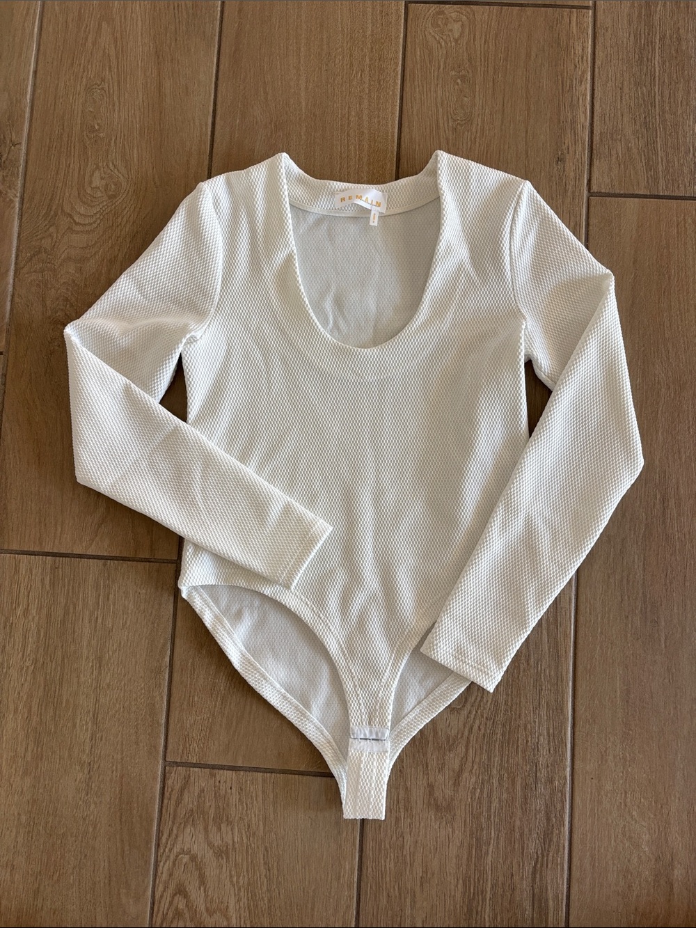 Remain Birger Christensen Textured Long Sleeve Scoop Neck White Bodysuit